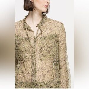 Luisa Cerano green sheer silk floral long sleeve tie neck blouse L